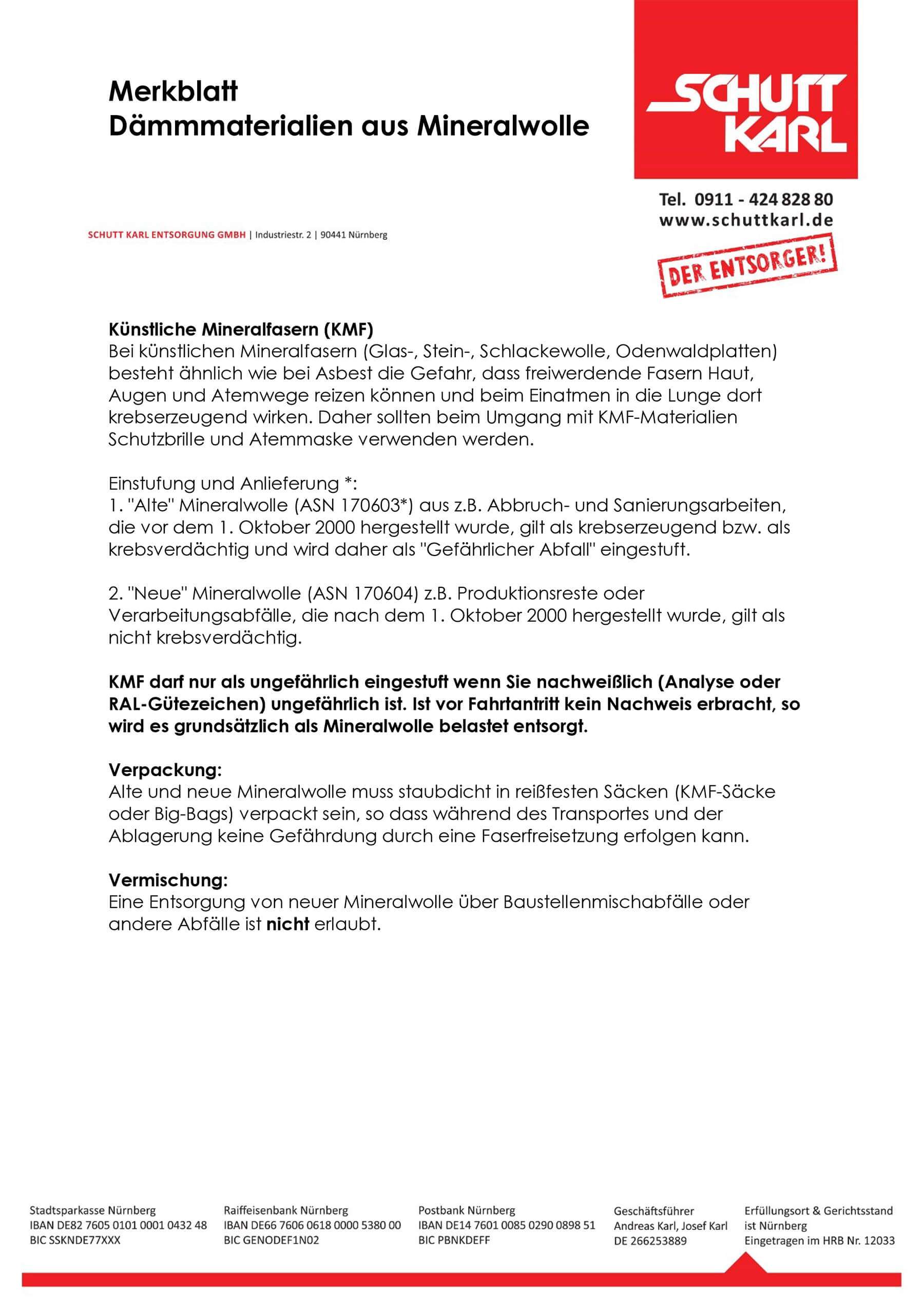 Schutt Karl | Merkblatt Entsorgung Mineralwolle